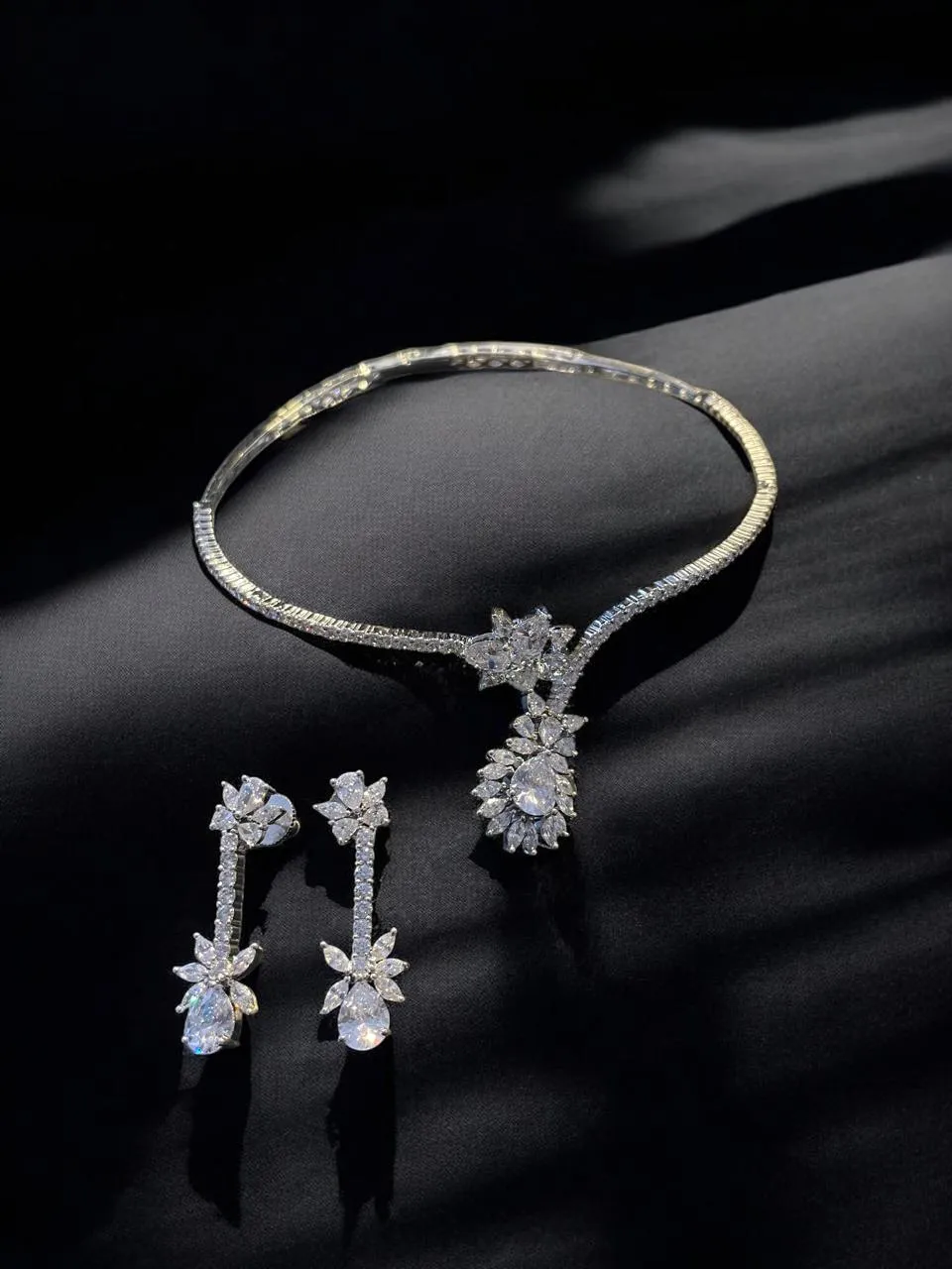 Floral Teardrop CZ Diamond-Look Necklace Set in Silver-Tone