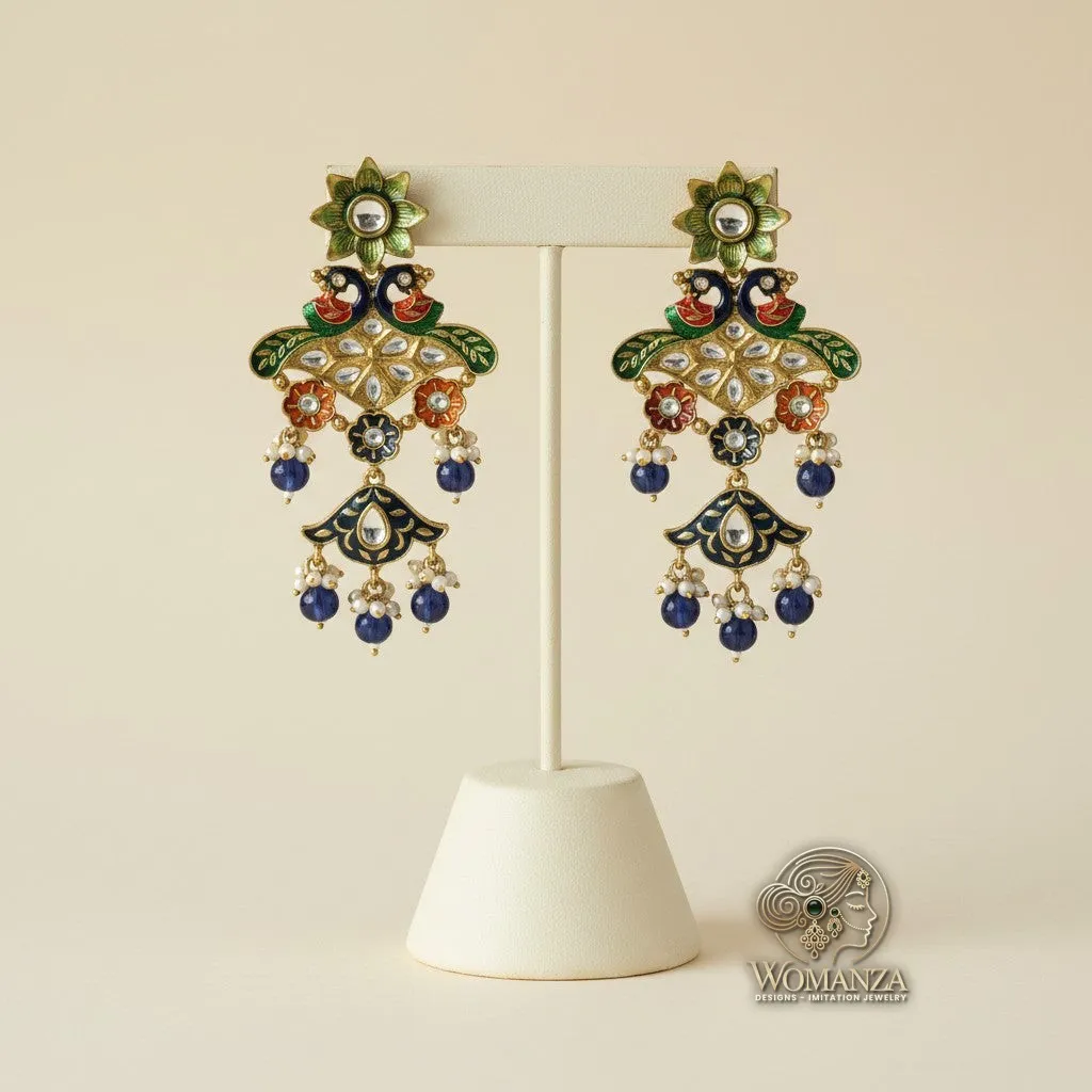 Peacock Motif Meenakari Chandbali Earrings with Pearl Clusters