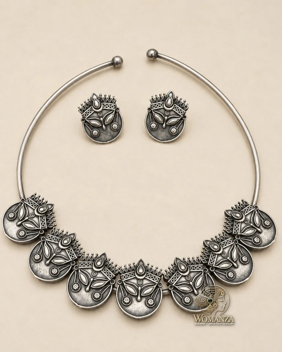 Oxidised Silver Hasli Collar Necklace with Floral Medallions