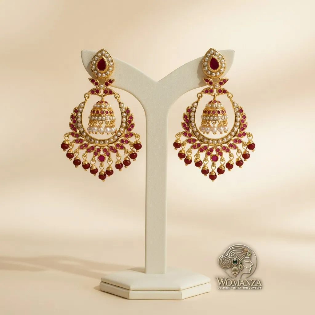 Jadau Chandbali Earrings with Inner Jhumka & Maroon Bead Drops