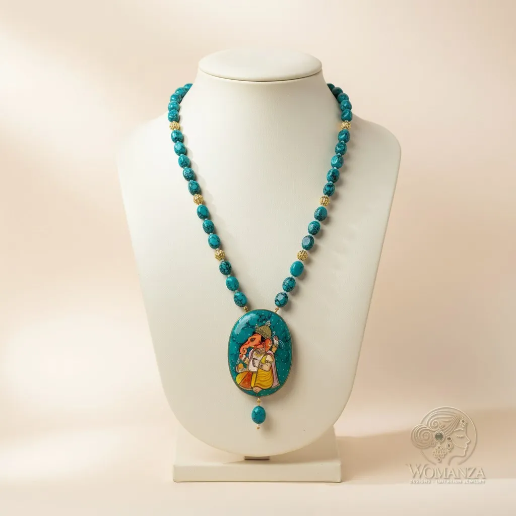 Hand-Painted Ganesha Turquoise Mala Necklace