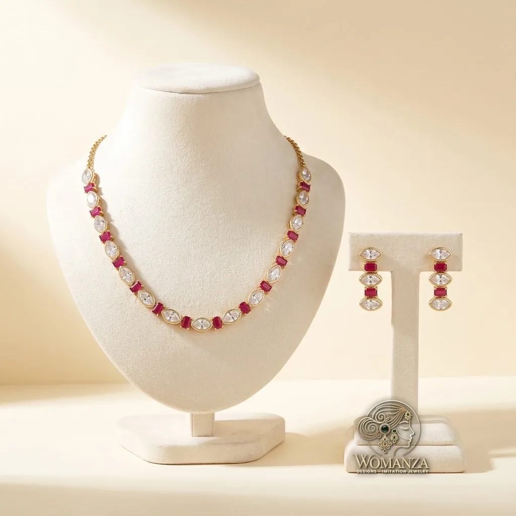 Ruby-Red & White Stone Single Line Necklace Set with Drop Earrings