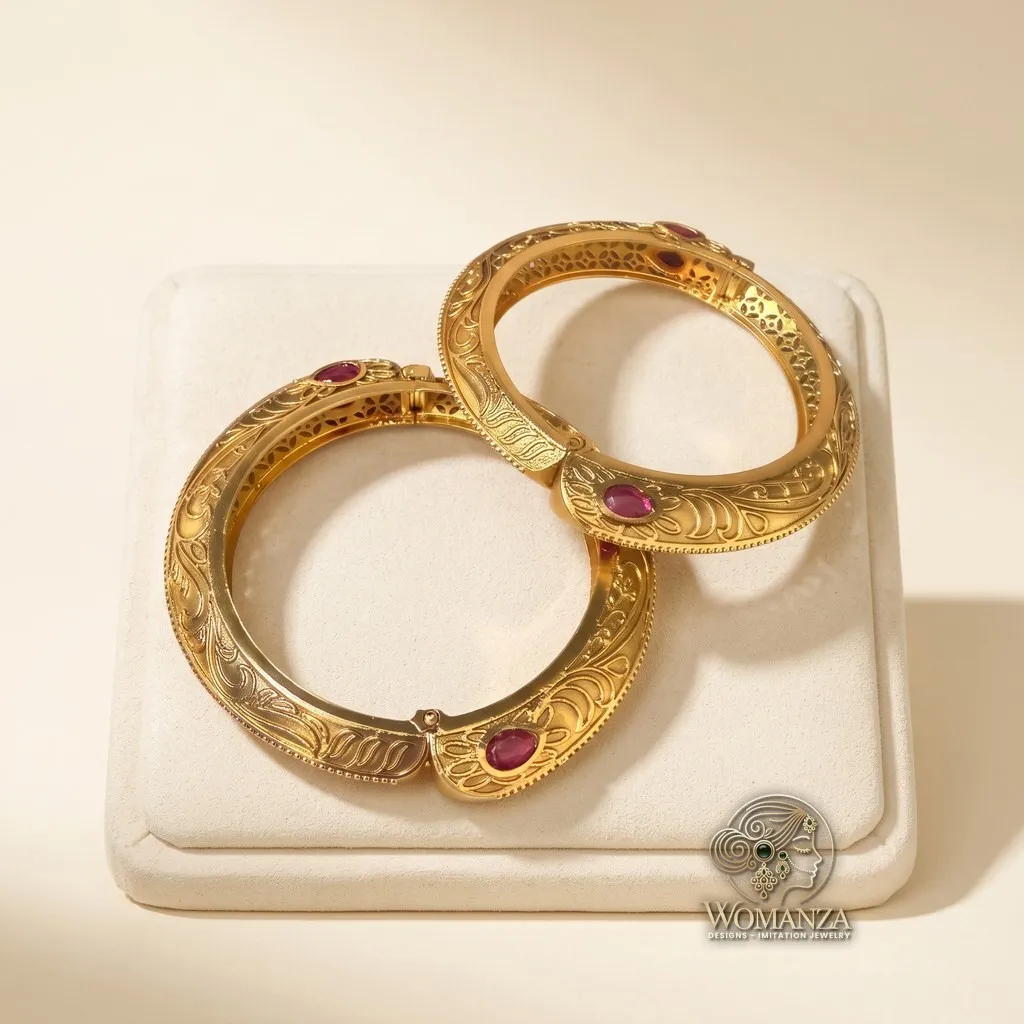 Rajwadi Engraved Openable Kada Pair with Ruby-Toned Stones — Sizes 2.4 & 2.6