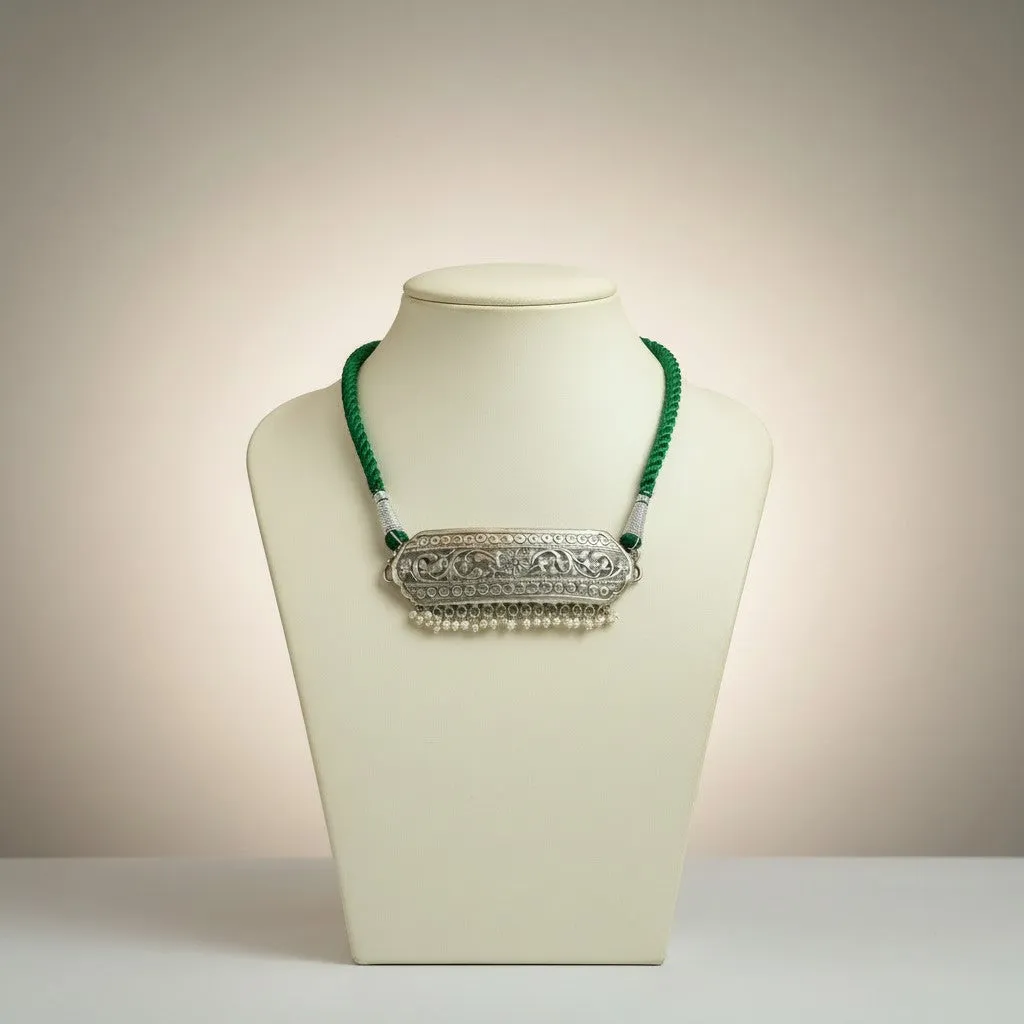 Oxidised Silver Filigree Pendant Necklace on Green Silk Dori