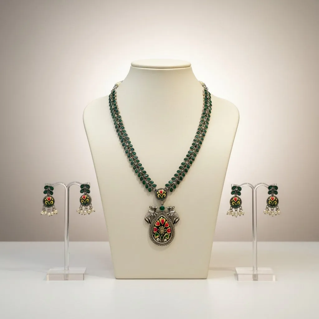 Green Enamel Elephant Motif Oxidised Necklace Set with Earrings