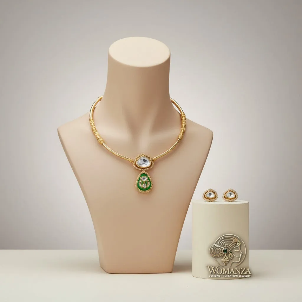 Noor-e-Gul Kundan Choker Necklace Set with Green Enamel Drop