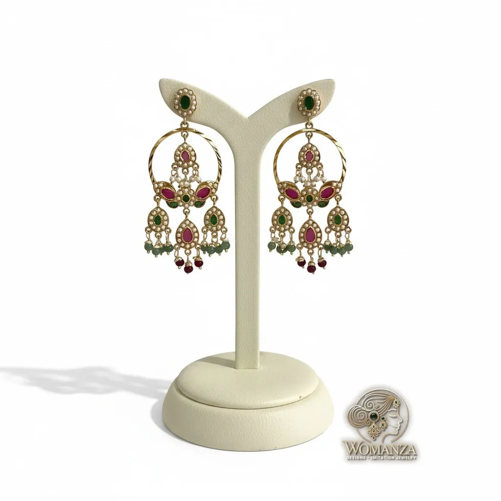 Ruby-Toned & Green Stone Chandbali Earrings with Seed Pearl Borders
