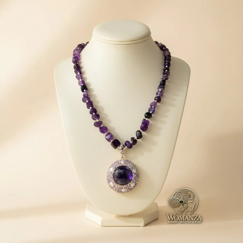 Turkish-Style Pendant Necklace in Amethyst-Toned Natural Stone