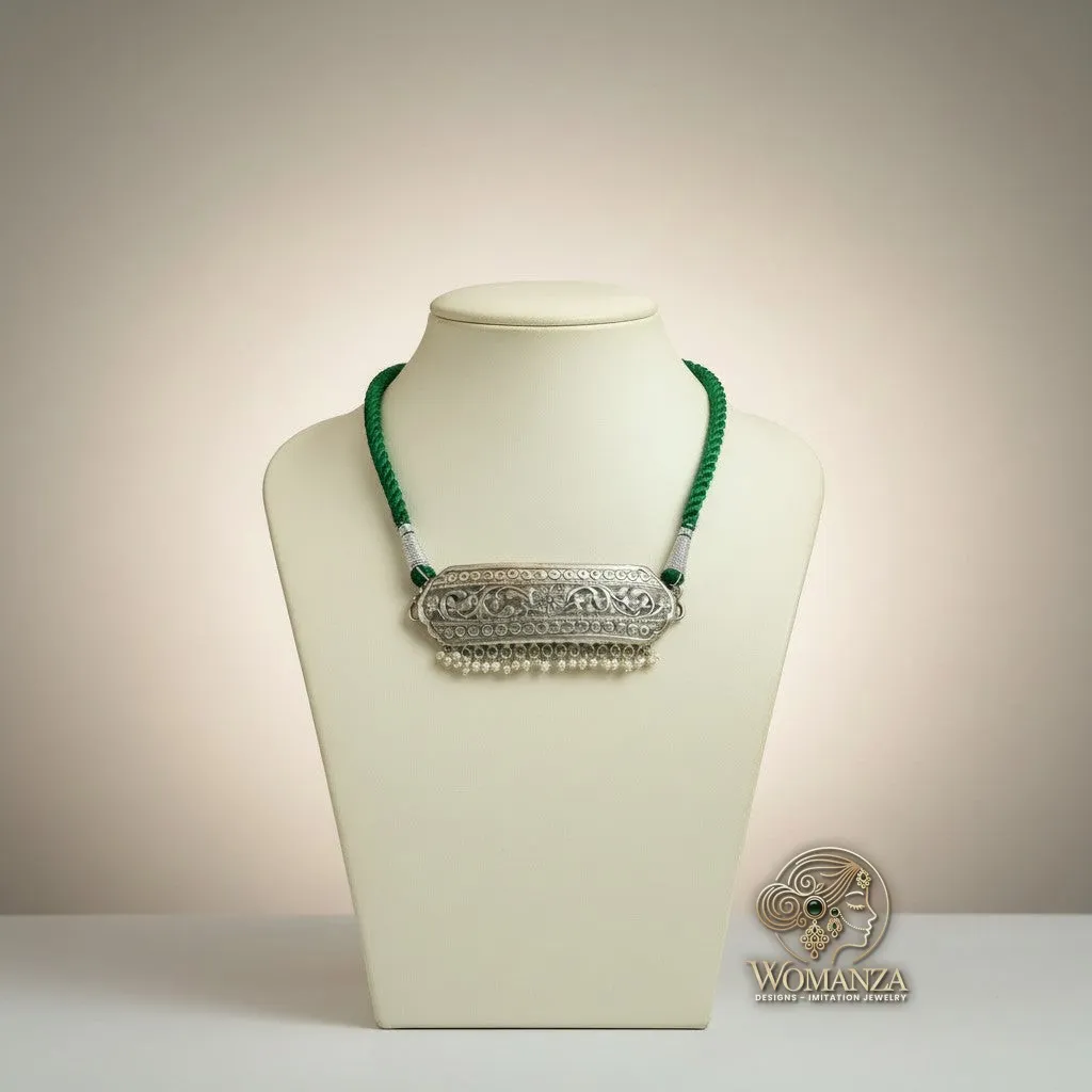 Oxidised Silver Filigree Pendant Necklace on Green Silk Dori