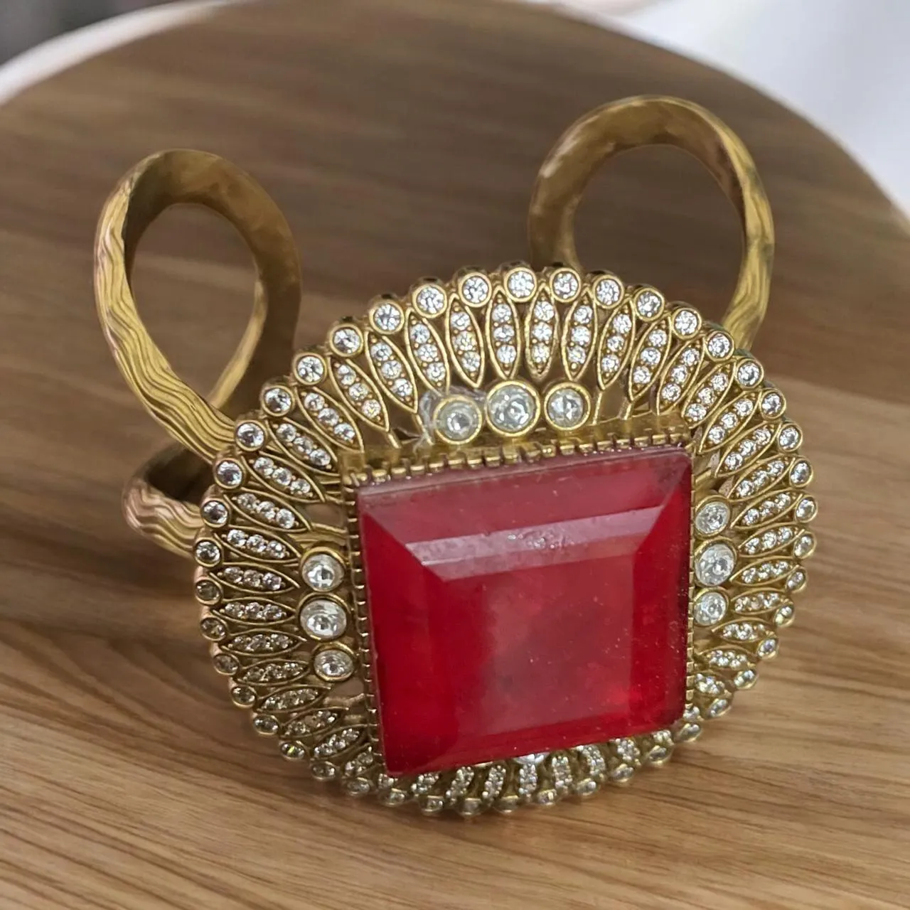 Royal Radiance Red Stone Open Cuff Bracelet with CZ Fan Rays