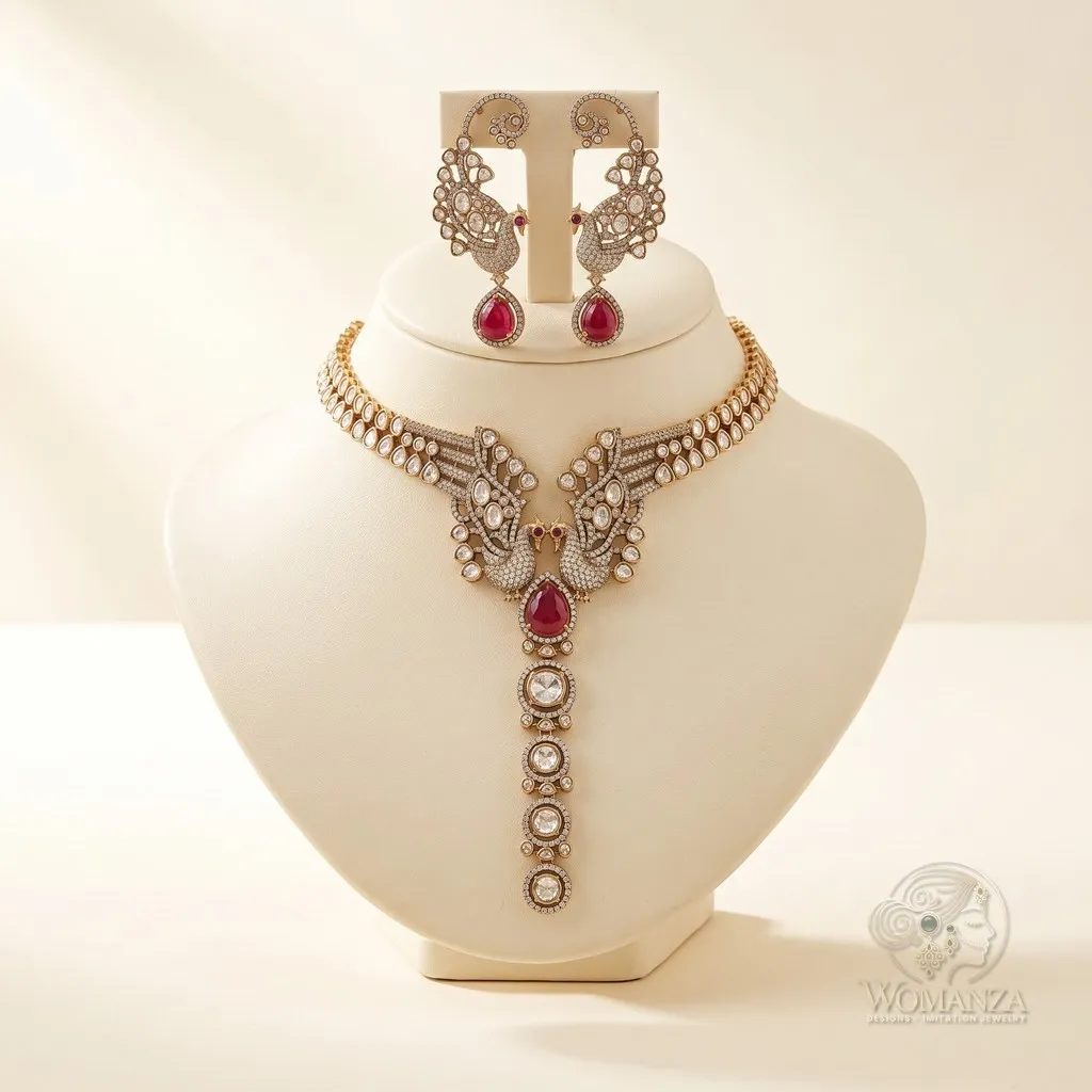 Moissanite Twin Peacock Necklace Set with Ruby-Red Drop