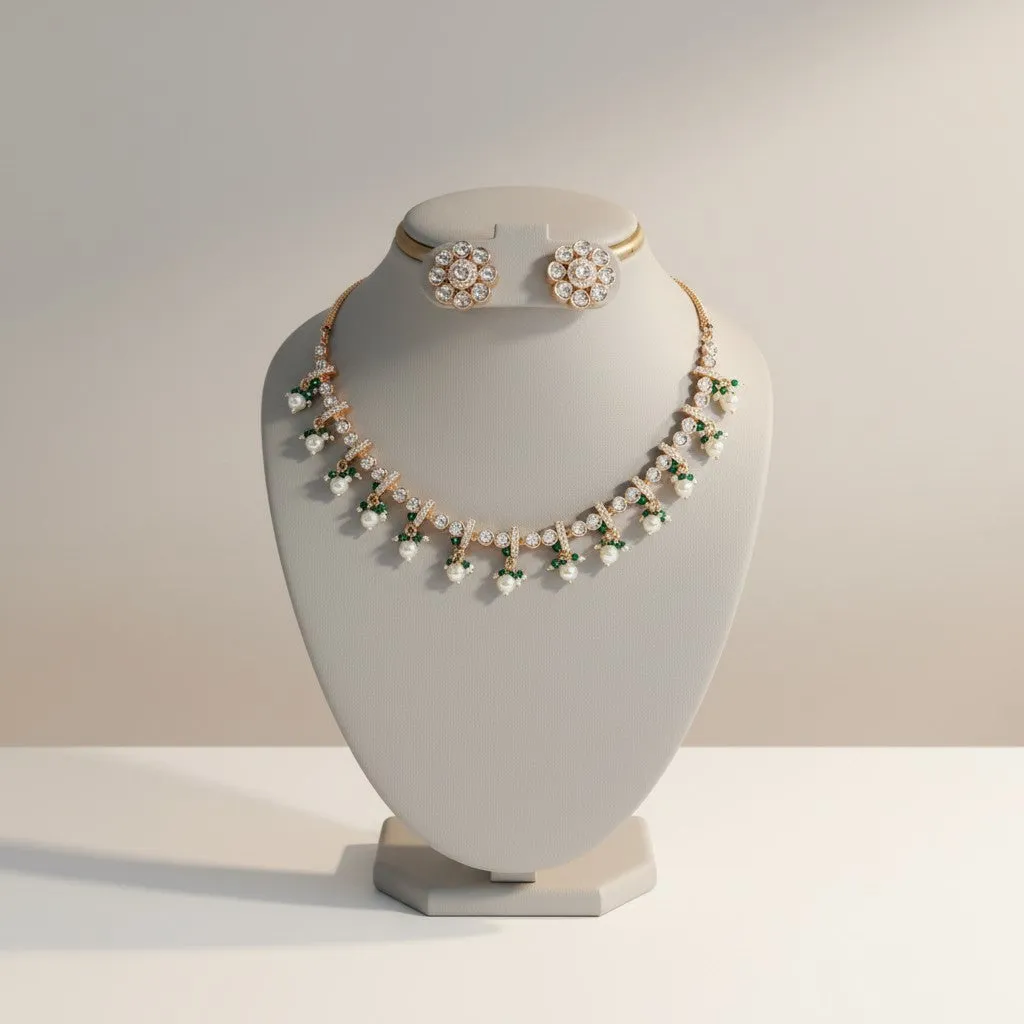Green Stone & Pearl Kundan Necklace Set with Stud Earrings