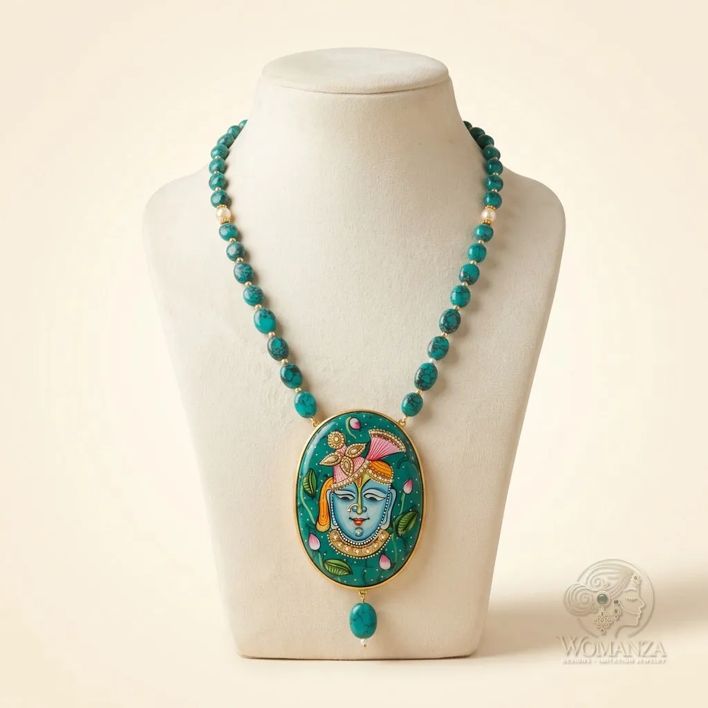Hand-Painted Shrinathji Turquoise Mala Necklace