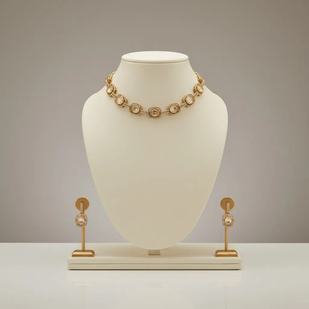 Cushion Kundan-Style Choker Set with Pavé Crystal Halo & Drop Earrings