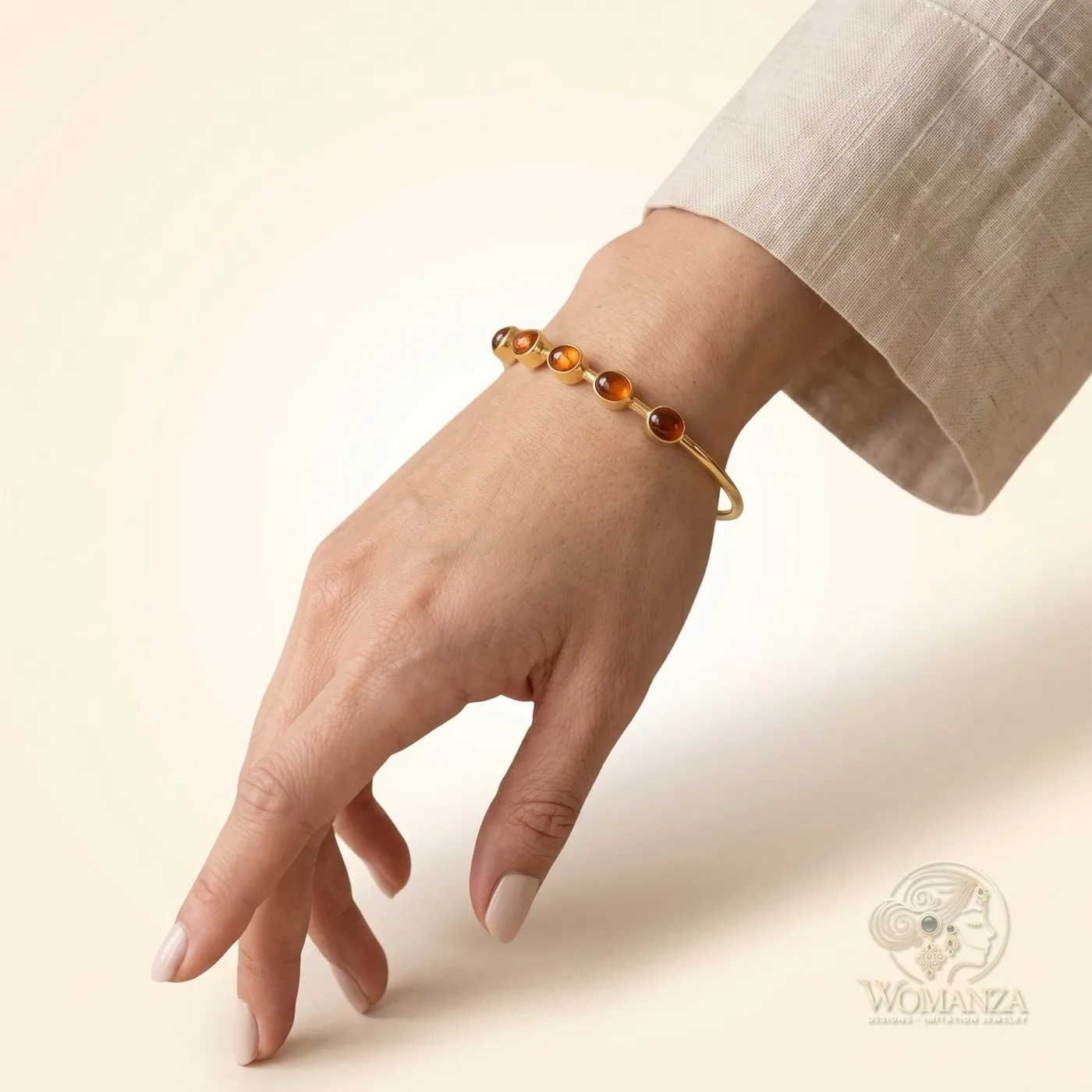 Natural Stone Amber Cabochon Slim Gold Cuff Bracelet