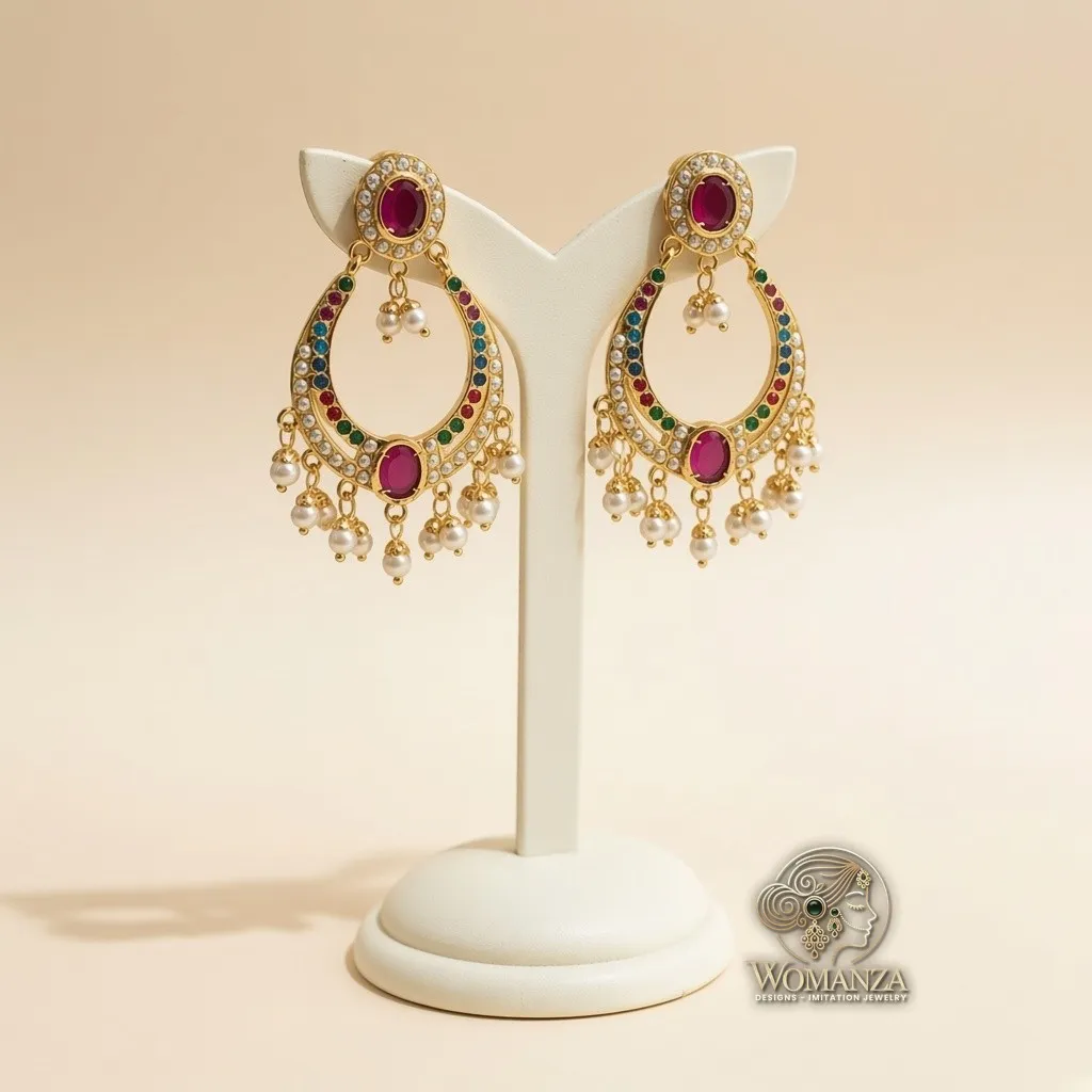 Jadau Chandbali Earrings with Multicolour Stones & Pearl Fringe