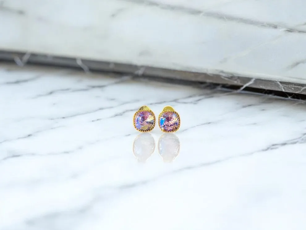 Iridescent Lavender Cushion Stud Earrings with Gold-Tone Halo
