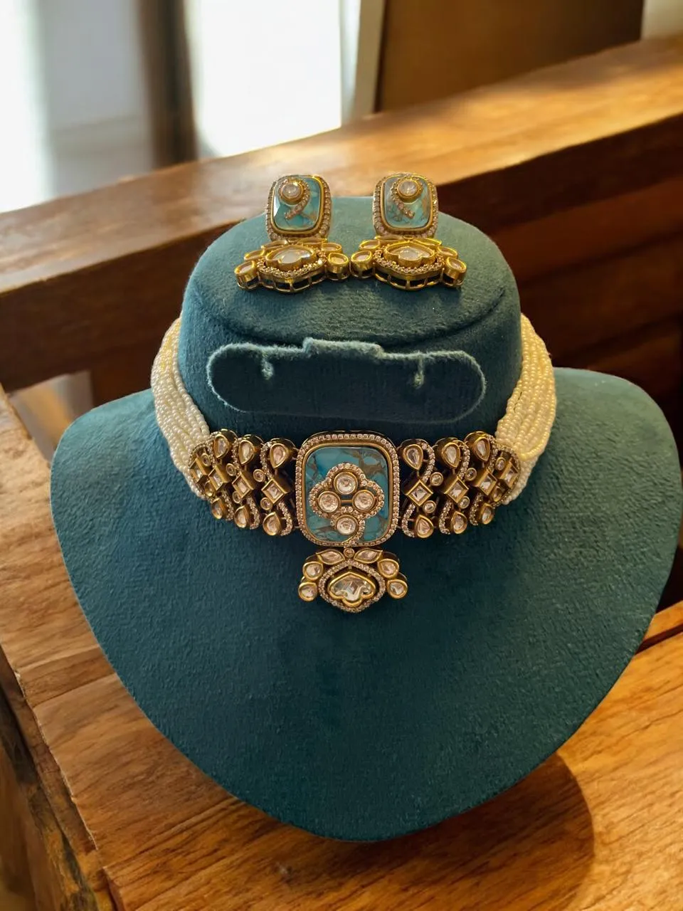 Turquoise & Pearl Multi-Strand Beaded Choker Set with Statement Earrings