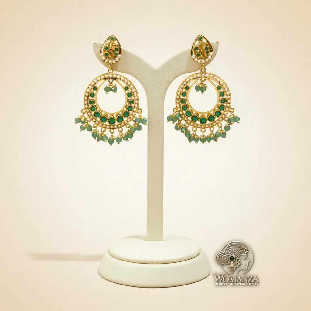 Jadau Chandbali Earrings with Green Stones & Bead Fringe