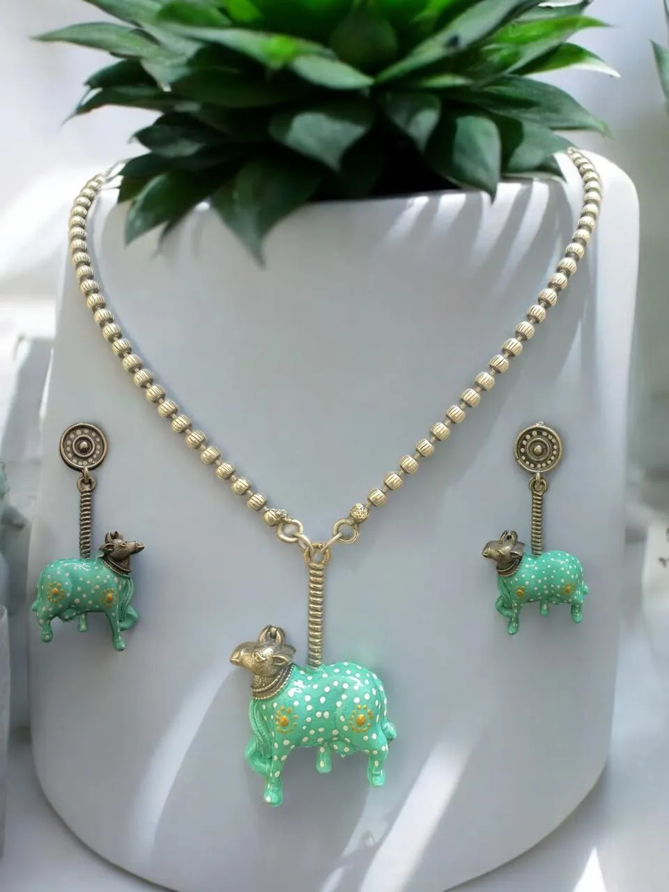 Turquoise Cow Motif Oxidised Necklace Set