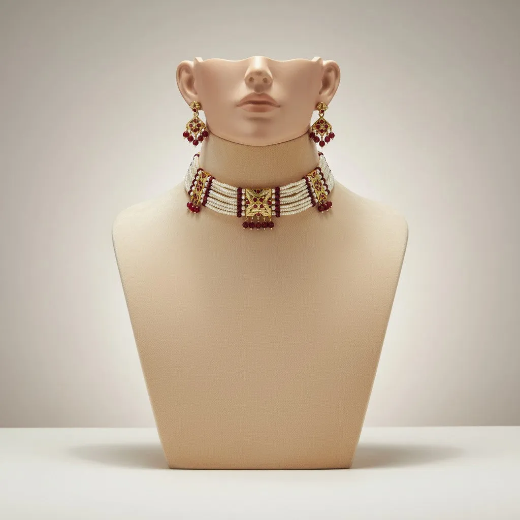 Red Stone & Pearl Beaded Kundan Choker Set with Matching Earrings