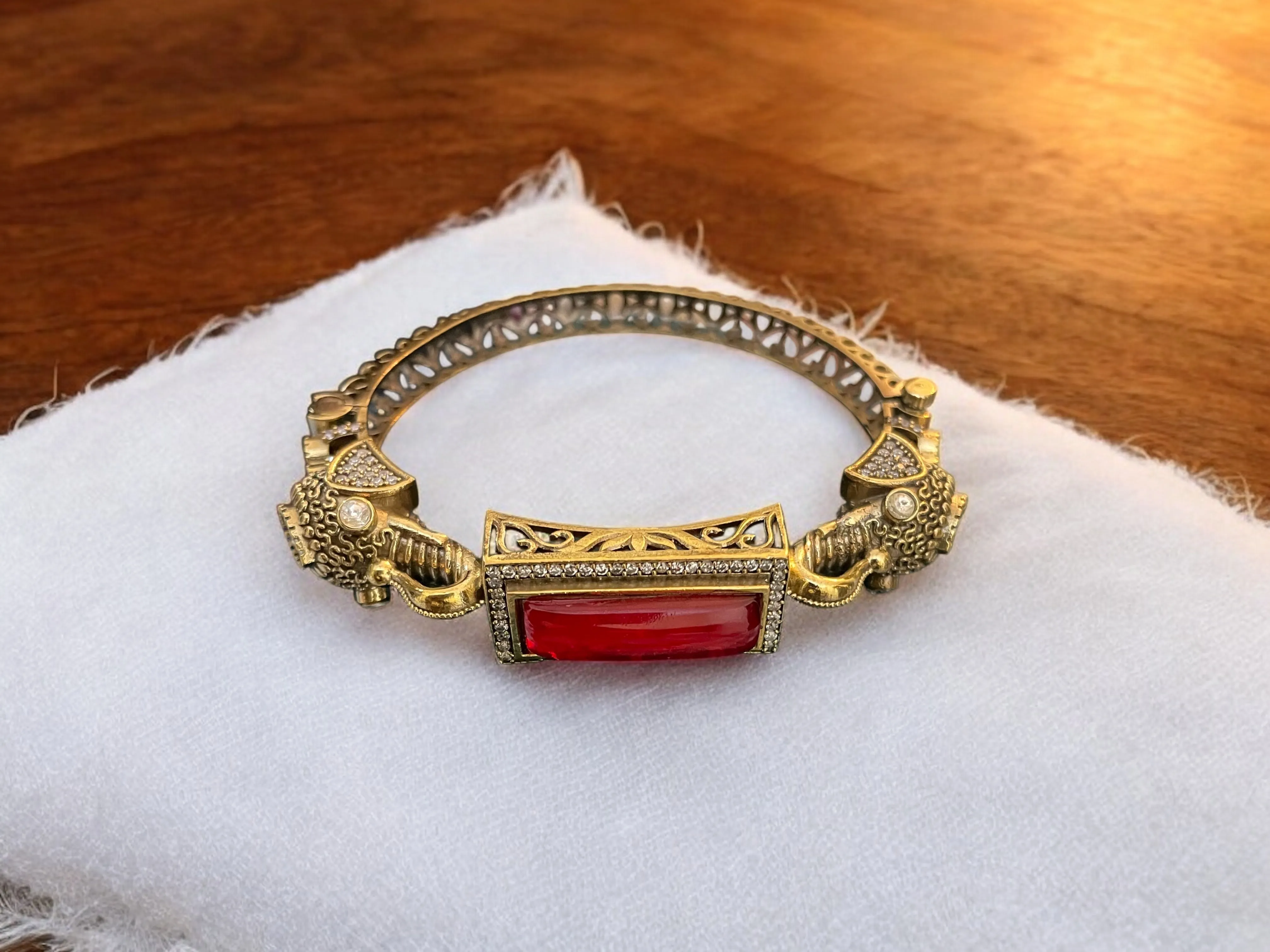 Red Stone Heritage Elephant Kada with Twin Elephant Heads & CZ Accents