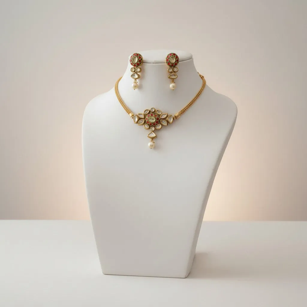 Elegant Red Stone Floral Choker Necklace Set with Pearl Drops