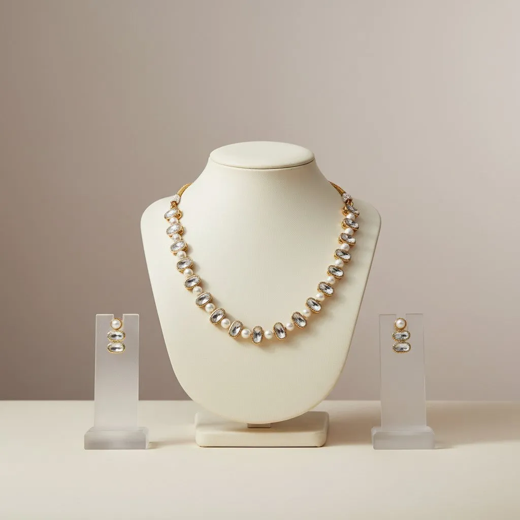 Luna Pearl Crystal Necklace Set with Drop Stud Earrings