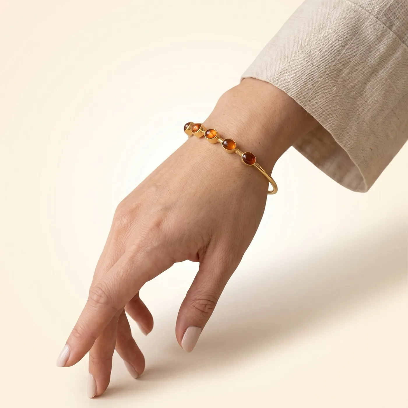 Natural Stone Amber Cabochon Slim Gold Cuff Bracelet