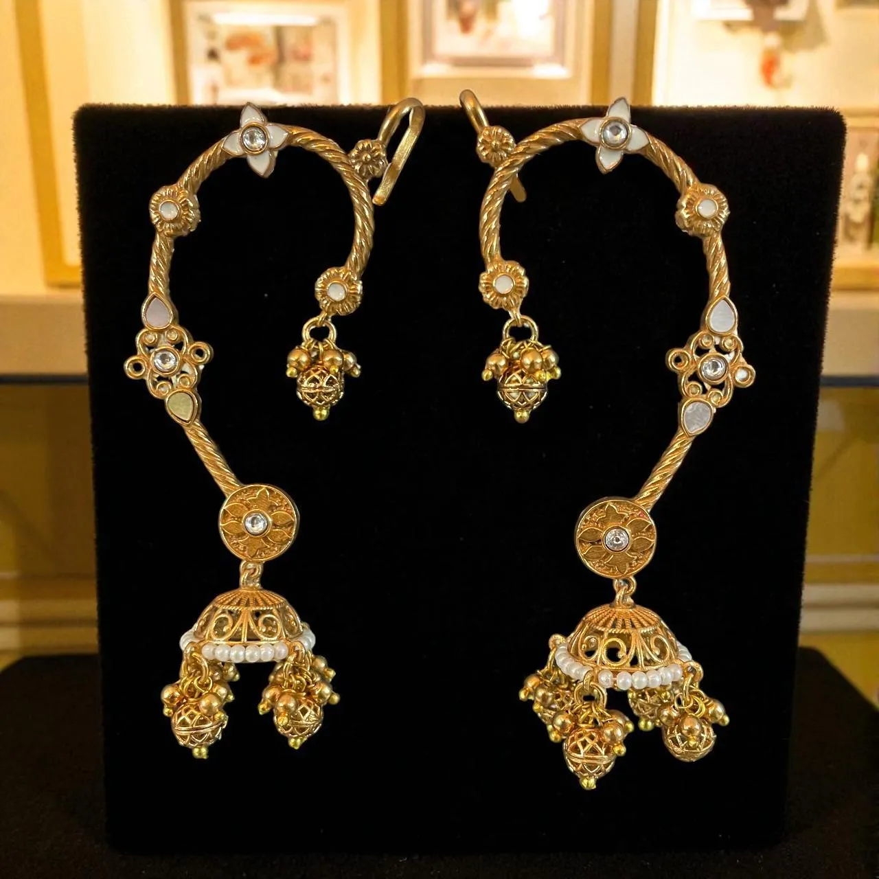 Traditional Ear Cuff Jhumka Earrings with Kundan & Pearl Detailing