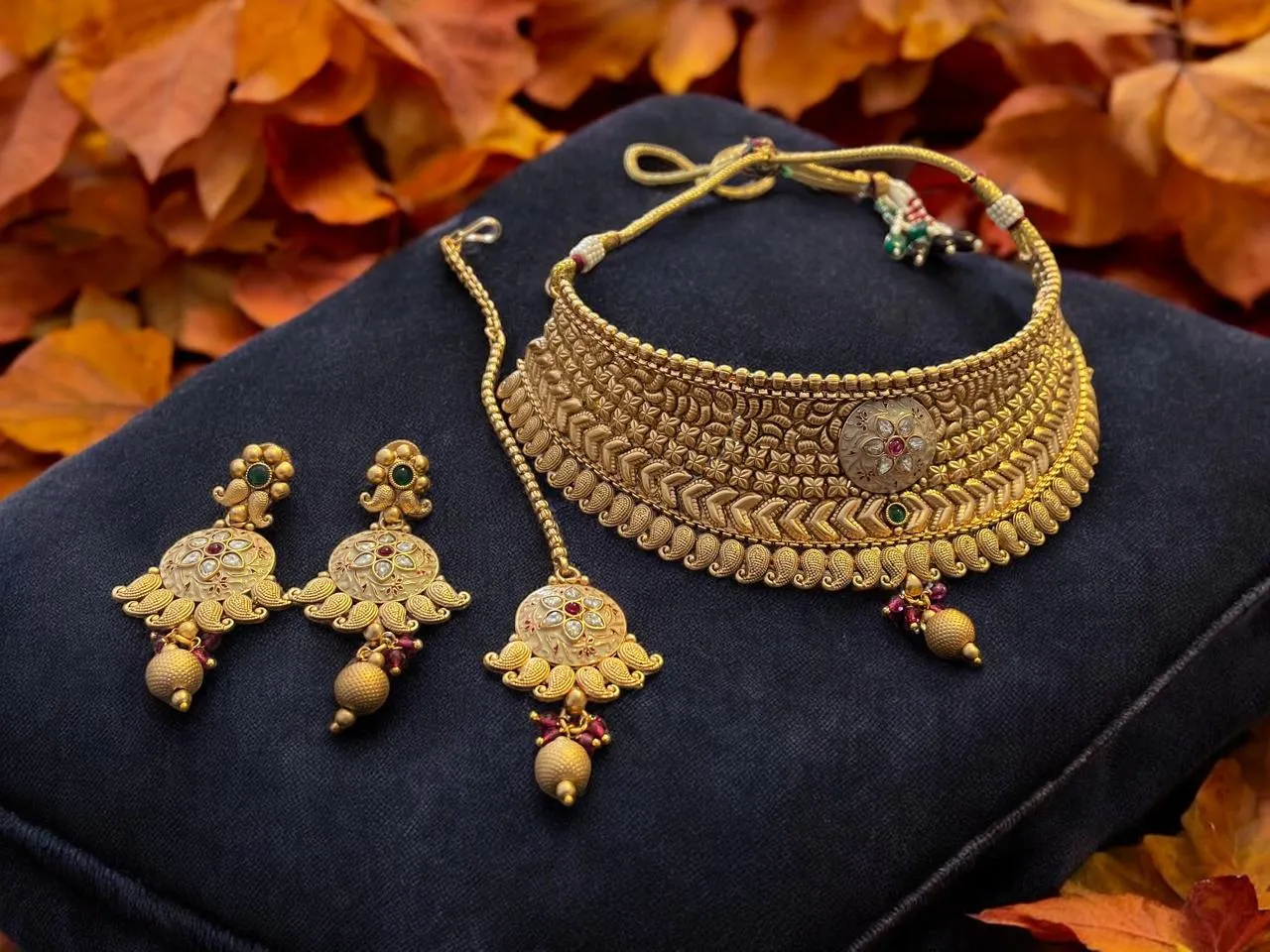 Antique Temple-Style Gold Choker Necklace Set with Long Jhumkas