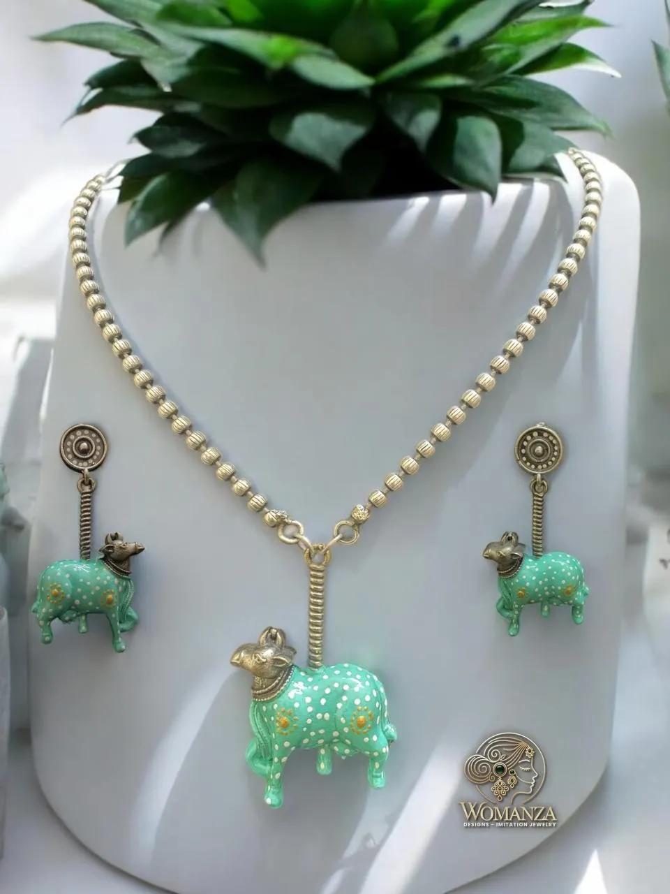 Turquoise Cow Motif Oxidised Necklace Set