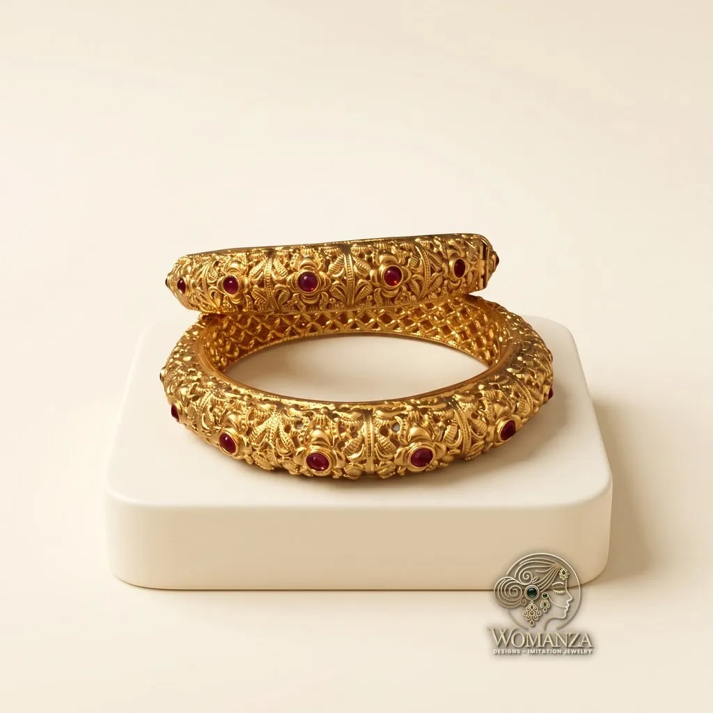 Broad Antique Carved Openable Bangle Pair with Ruby-Toned Cabochons — Size 2.6