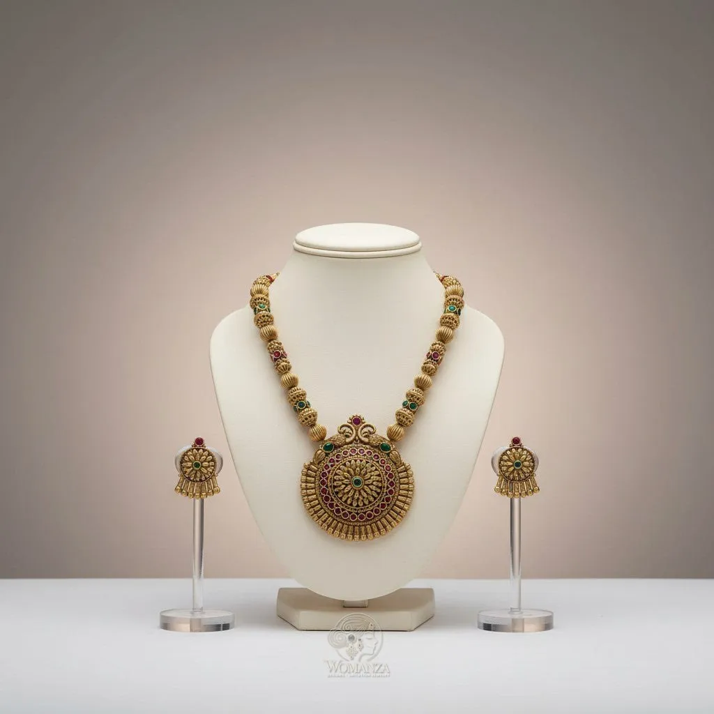 Antique Temple Medallion Necklace Set with Multi-Stone Jhumkas