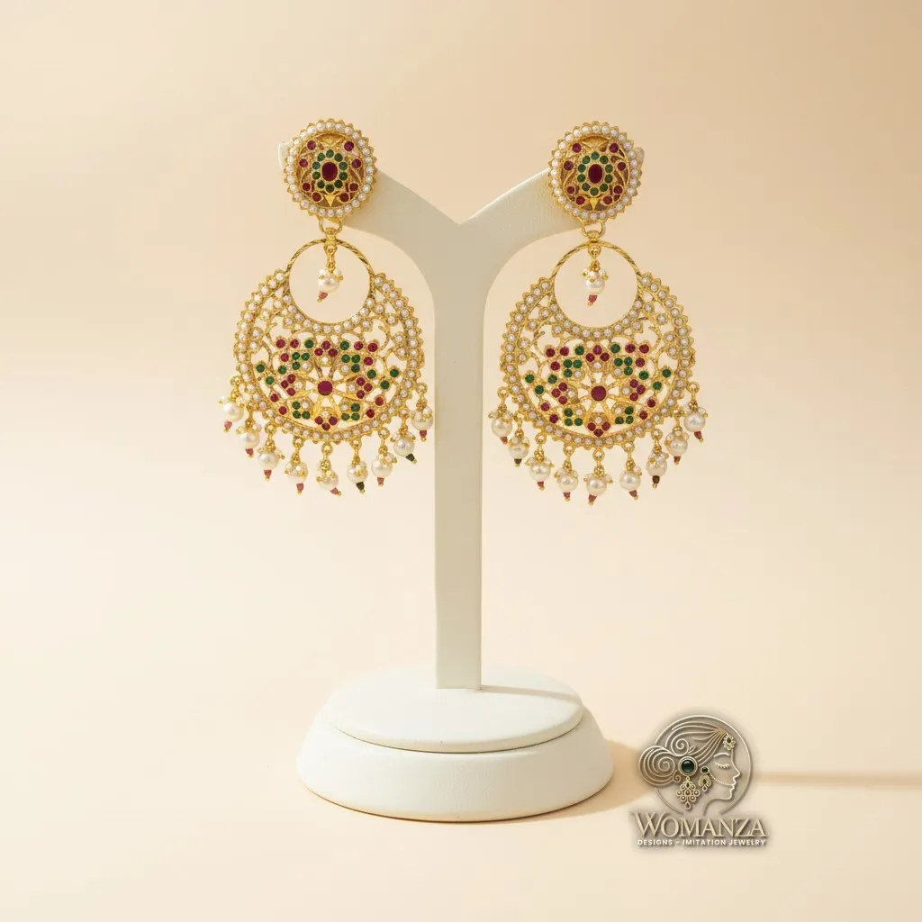 Jadau Chandbali Earrings with Pearl Border & Ruby-Green Florals