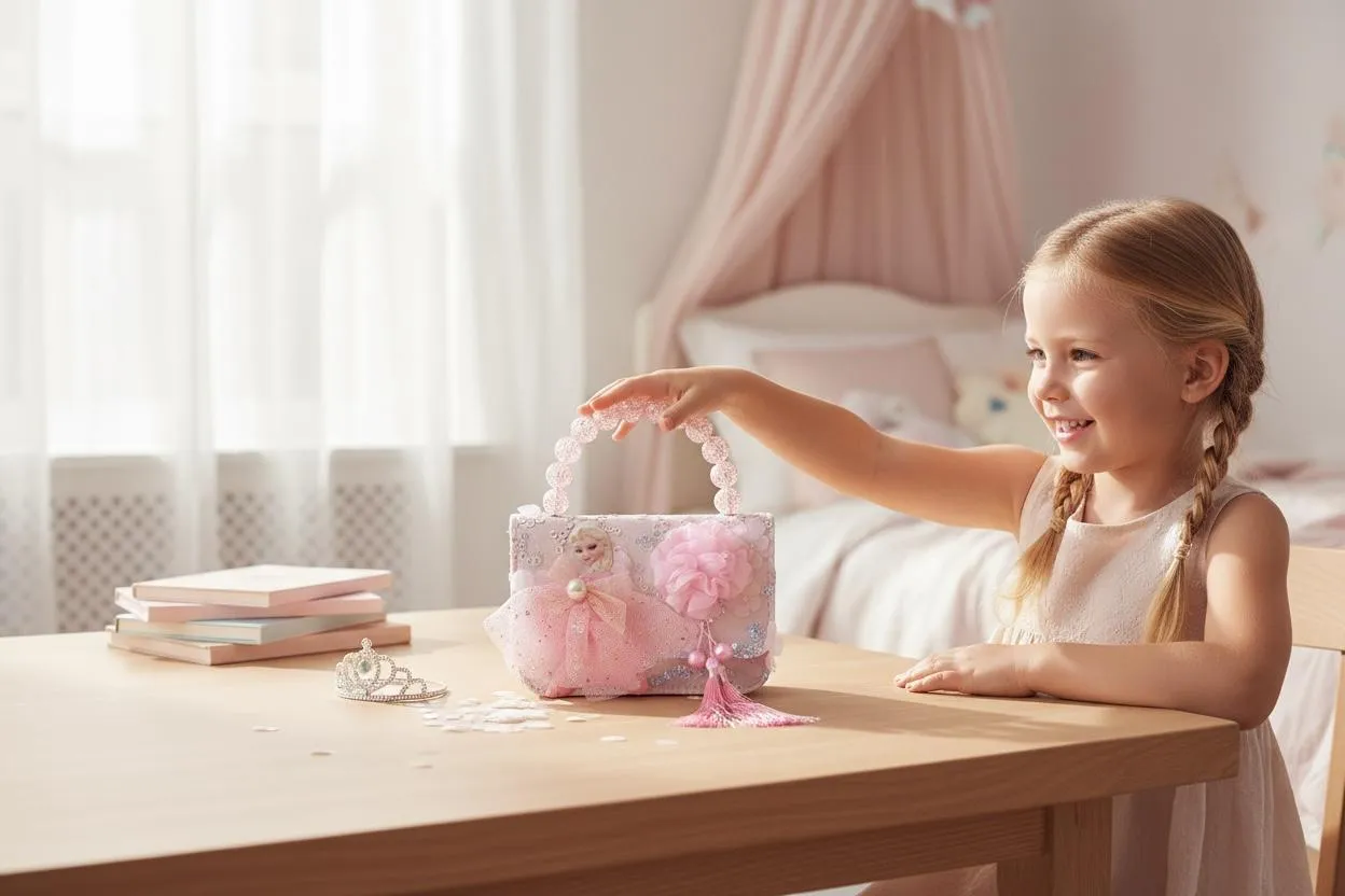 Princess Pink Beaded Handle Handbag for Girls with Bow & Tassel