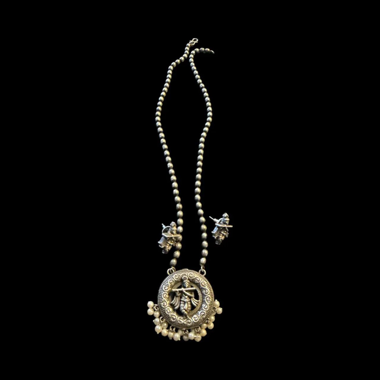 Oxidised Radha Krishna Pendant Necklace Set with Earrings