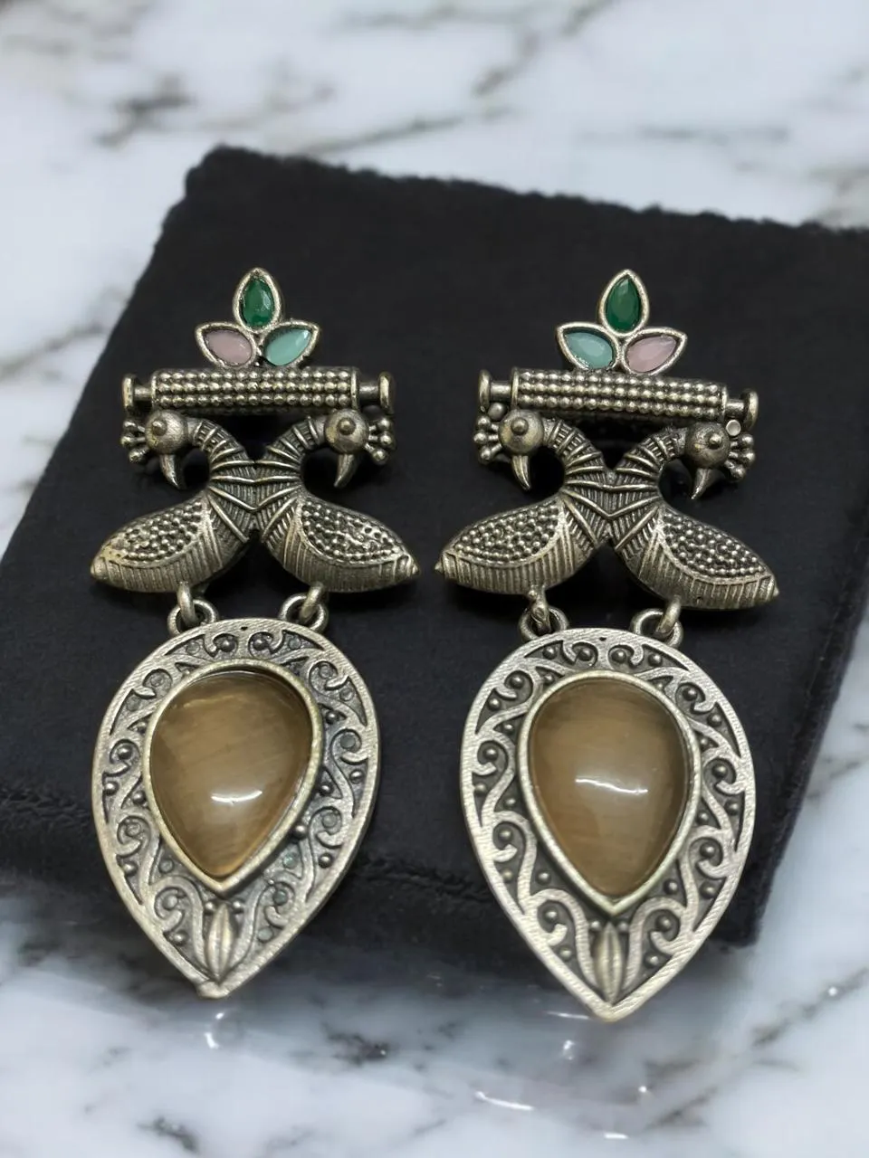 Mayura Darpan Oxidised Silver Peacock Earrings with Golden Teardrop