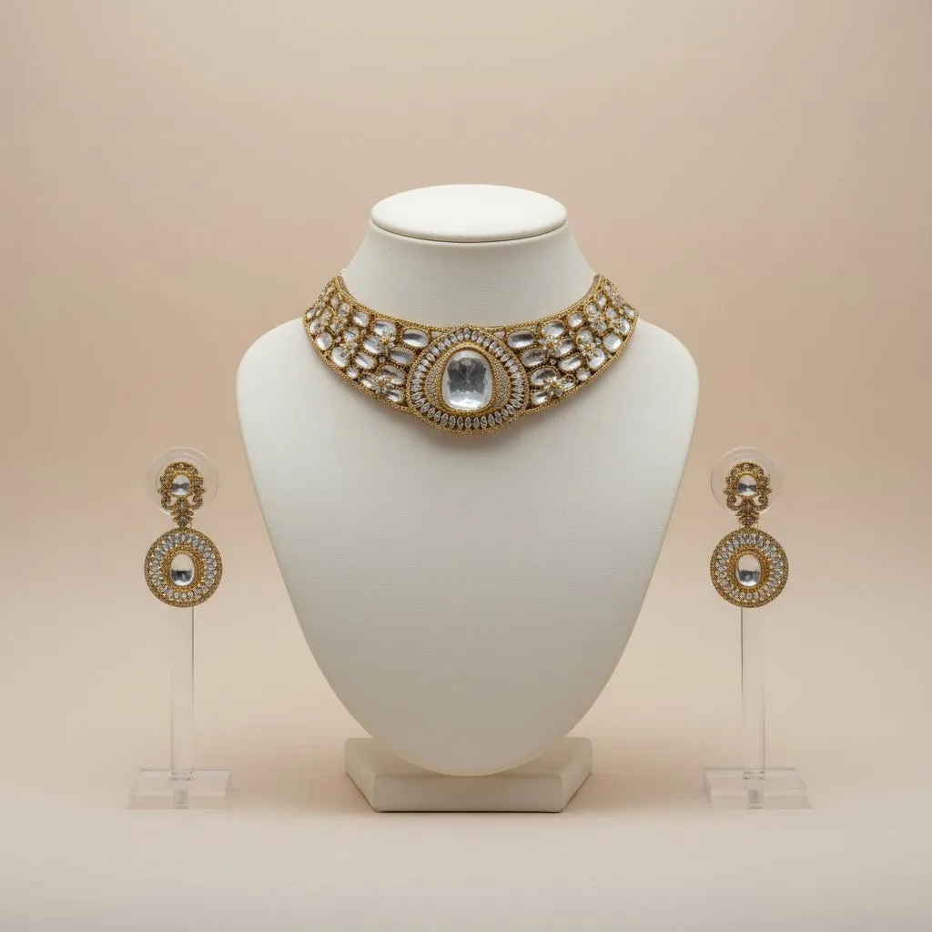 Royal Mirror Glow Bridal Choker Set with White Stones & Mirror Centrepiece