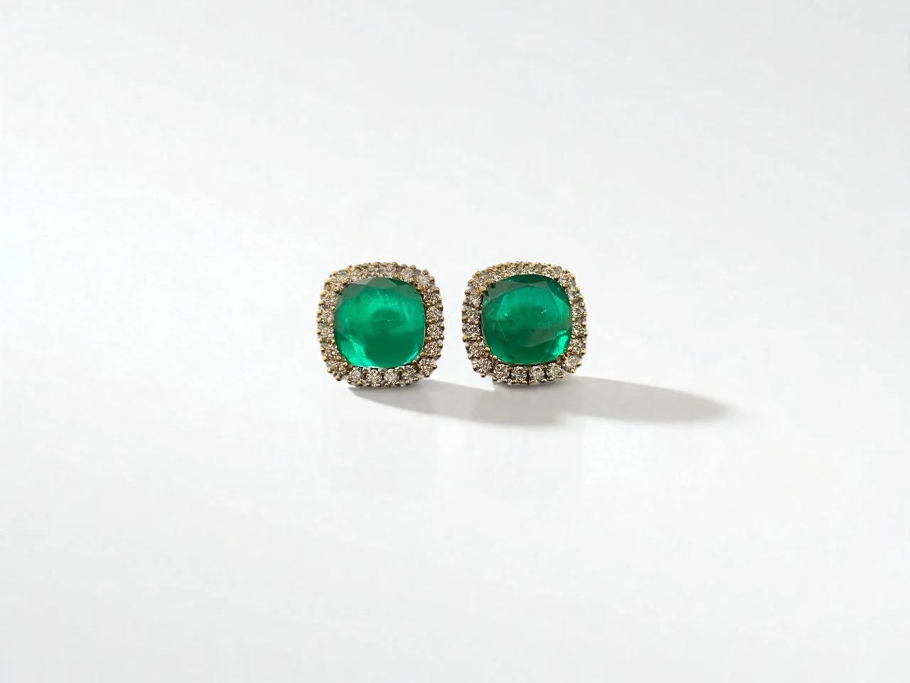 Classic Emerald Cushion Stud Earrings with AD Halo