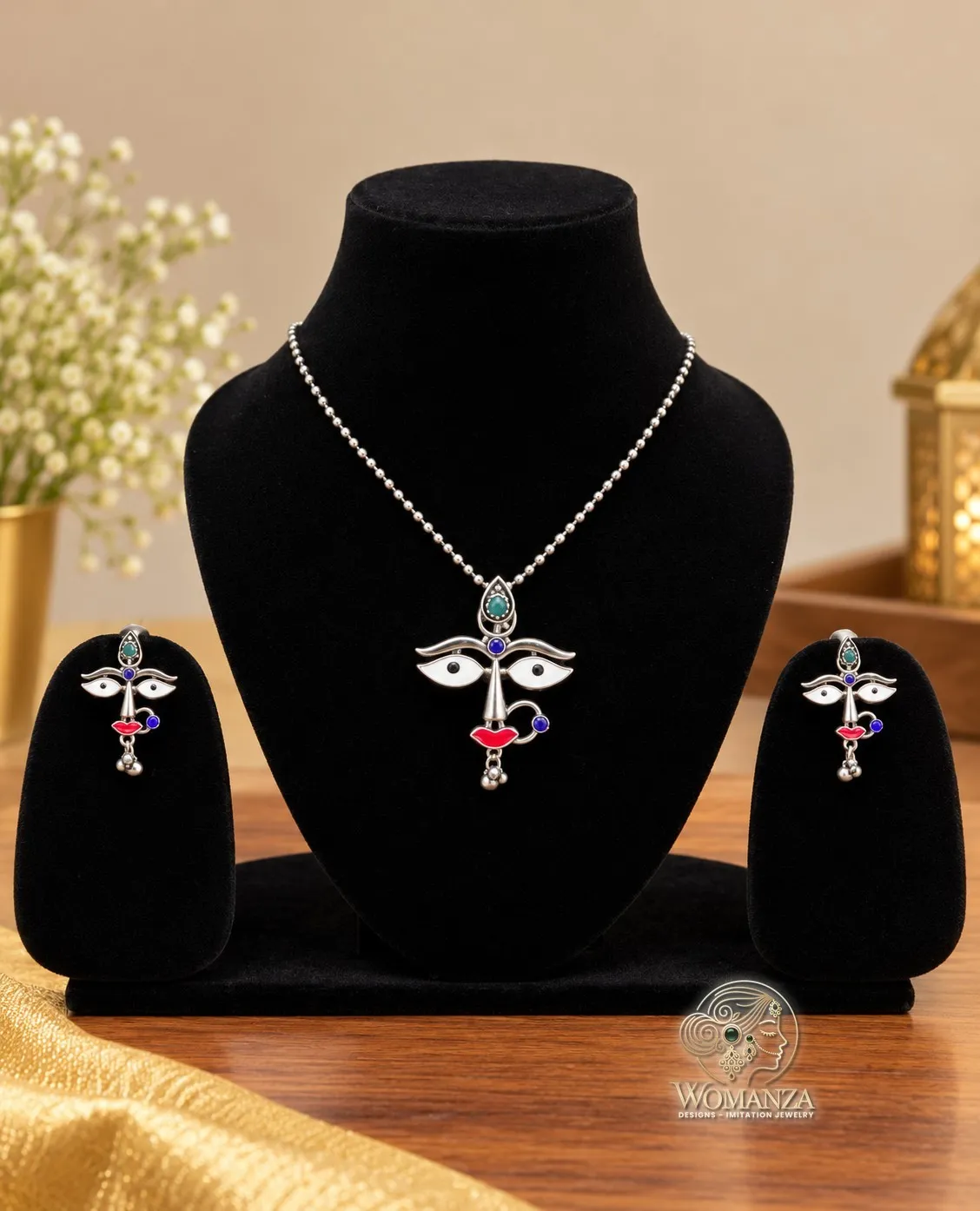 Oxidised Silver Face Motif Pendant Set with Enamel Detail