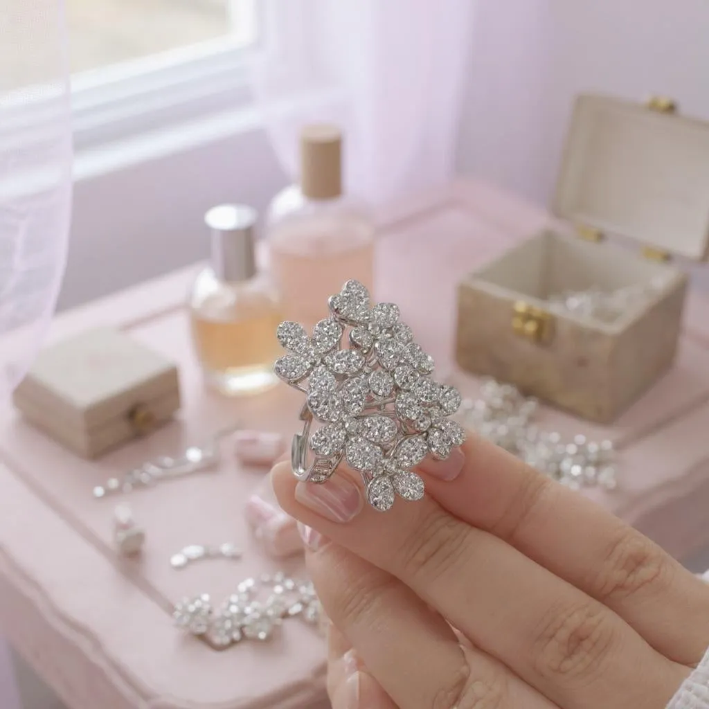 Silver-Tone Floral Cluster Ring with Layered CZ Petals