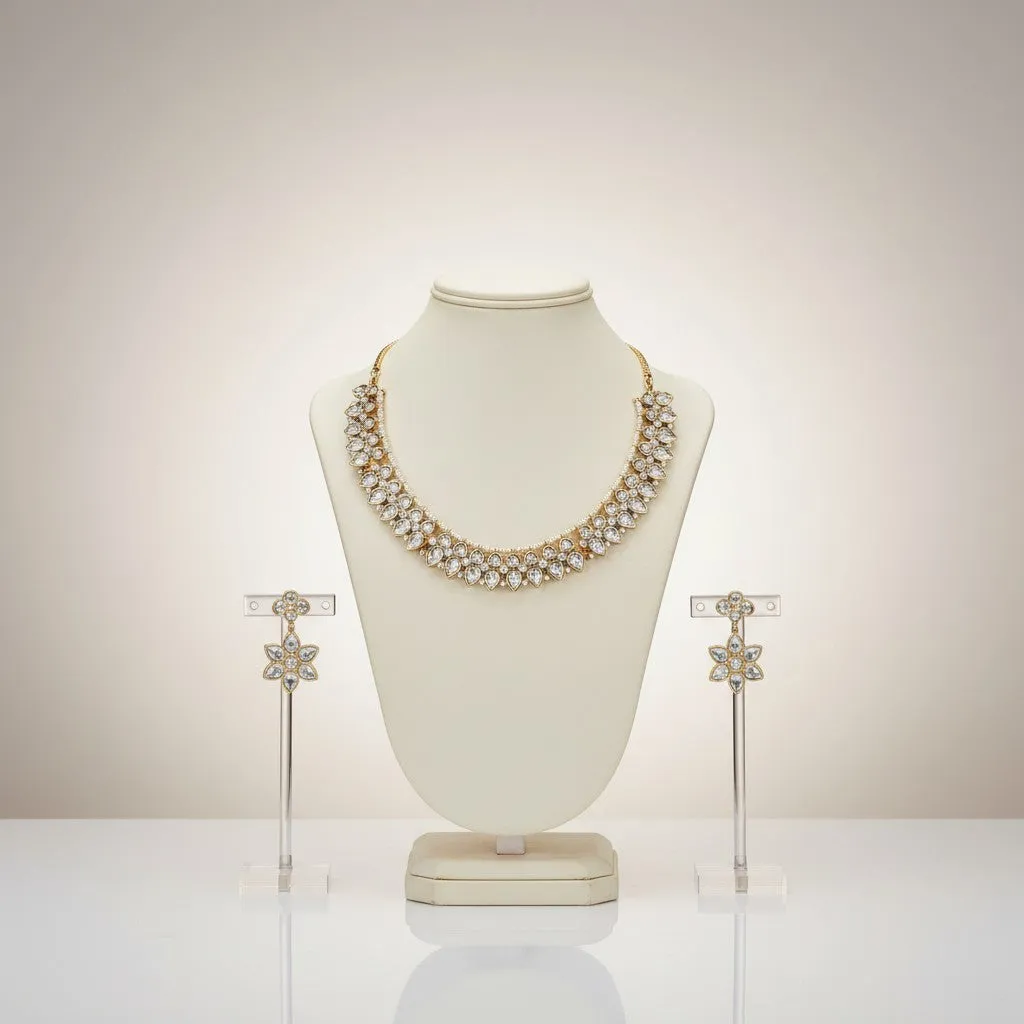 Polki-Style Floral Cluster Necklace & Earrings Set in Gold-Tone