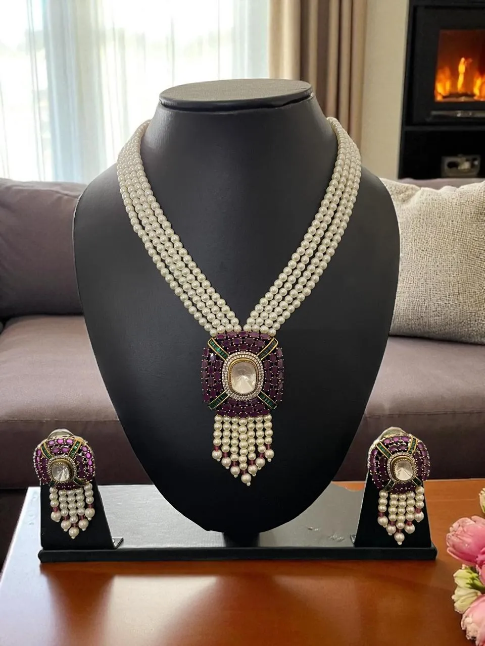 Maharani Pearl Kundan Necklace Set with Purple & Green Enamel Pendant