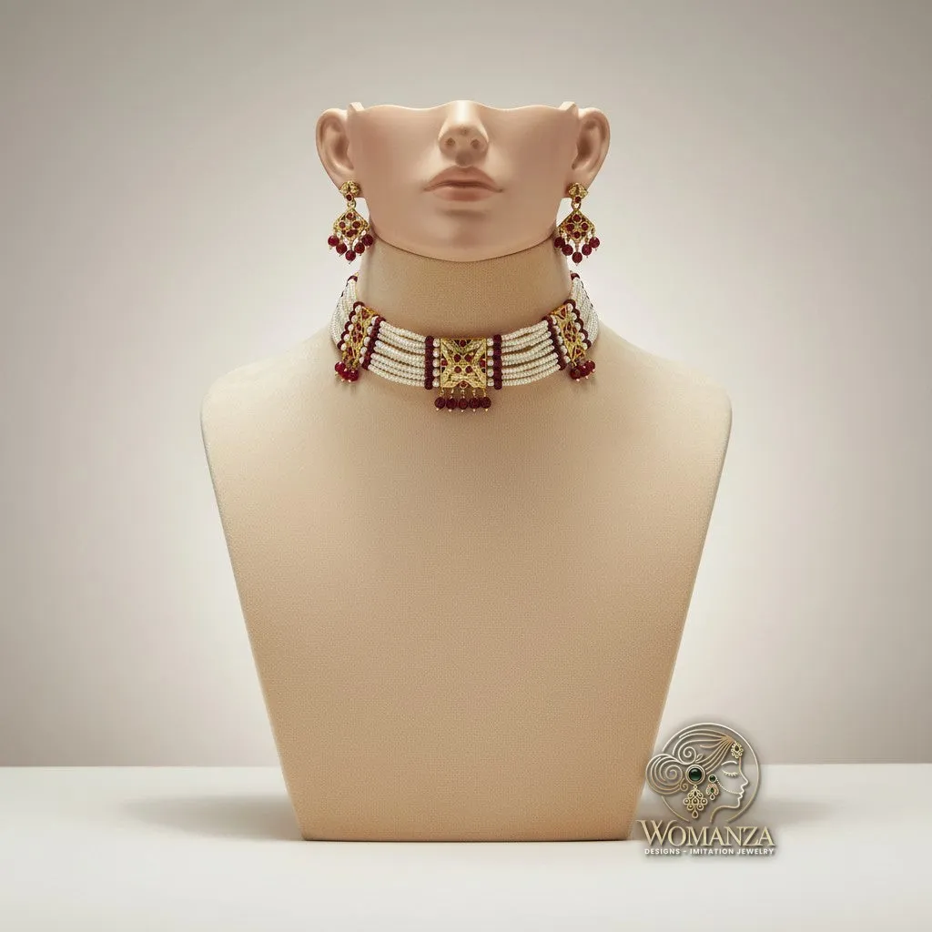 Red Stone & Pearl Beaded Kundan Choker Set with Matching Earrings