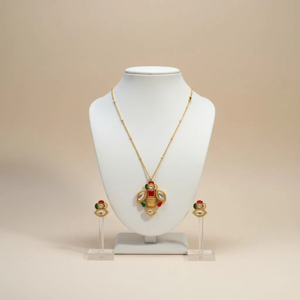 Multicolour Kundan Pendant Long Necklace with Matching Stud Earrings