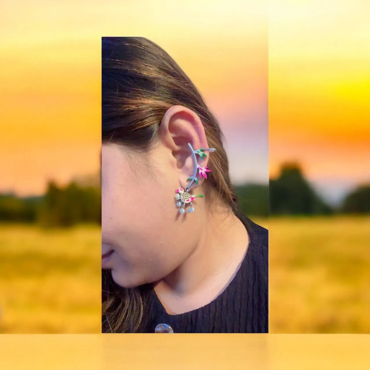 Parrot Motif Enamel Ear Cuff Earrings with Pearl Drops