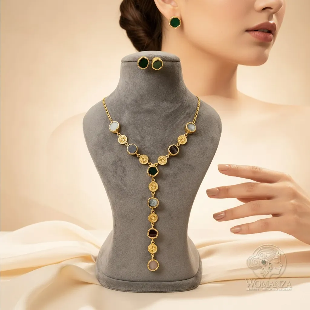 Natural Stone & Gold Coin Lariat Necklace Set with Stud Earrings