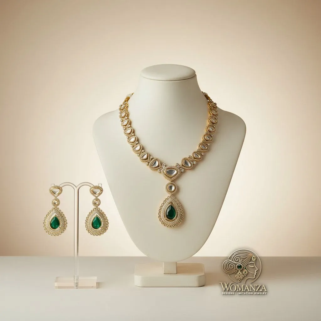 Emerald Green Teardrop Stone Necklace Set with Mirror-Cut Accents
