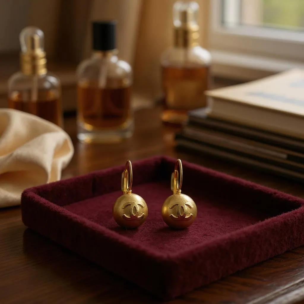 Designer-Inspired Matte Gold Drop Earrings with Spherical Charm
